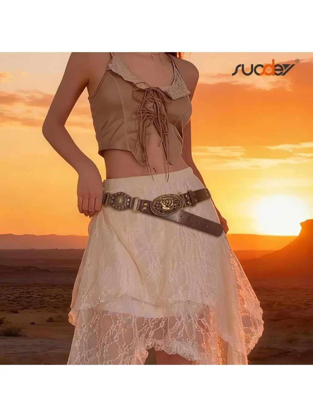 Vintage Western Leather Belt for Women | Studded Rivets Cowgirl Style for Jeans